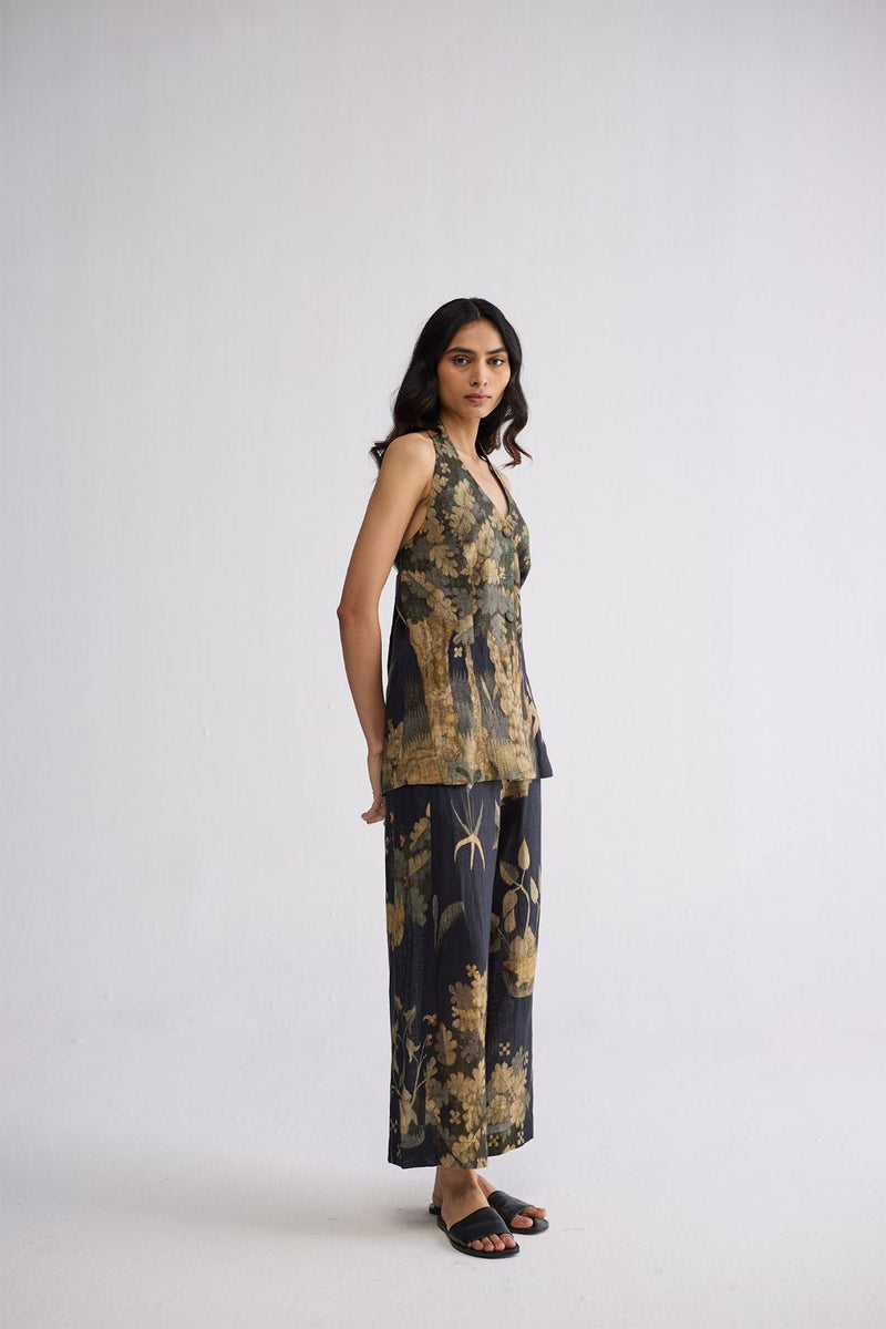 BANYAN HALTERNECK WAISTCOAT & PANTS SET linen co-ord set by YAM in all-black for women in Singapore