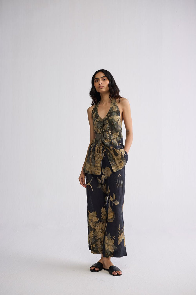 BANYAN HALTERNECK WAISTCOAT & PANTS SET linen co-ord set by YAM in all-black for women in Singapore