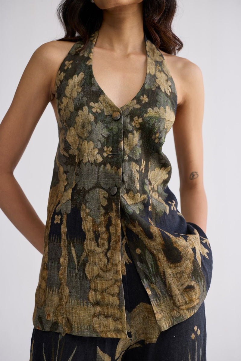 BANYAN HALTERNECK WAISTCOAT & PANTS SET linen co-ord set by YAM in all-black for women in Singapore