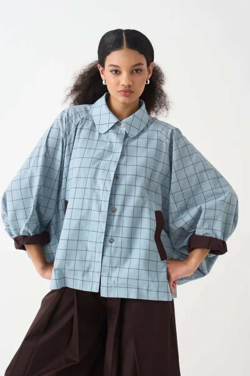 Bat Sleeve Jacket - Powder Blue Check cotton by THREE in blue color for women in Singapore