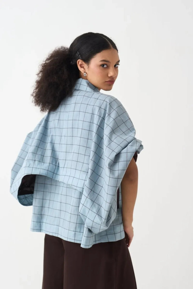 Bat Sleeve Jacket - Powder Blue Check cotton by THREE in blue color for women in Singapore