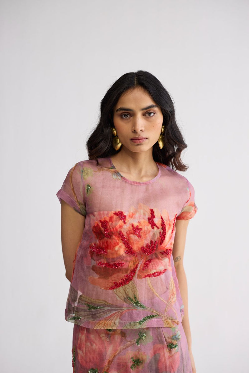 BERRY EMBROIDERED ORGANZA TOP & SKIRT SET organza & cotton ( top ) co-ord set by YAM in purple for women in Singapore