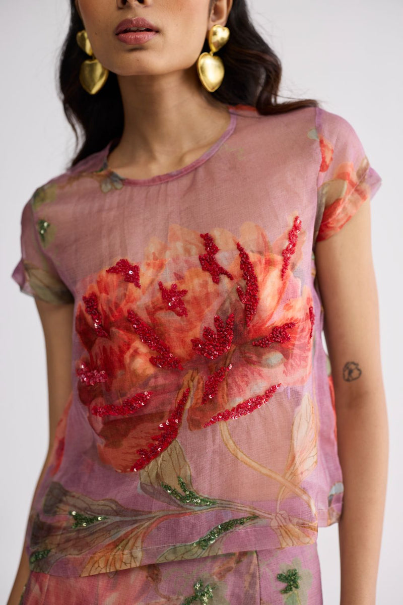 BERRY EMBROIDERED ORGANZA TOP & SKIRT SET organza & cotton ( top ) co-ord set by YAM in purple for women in Singapore