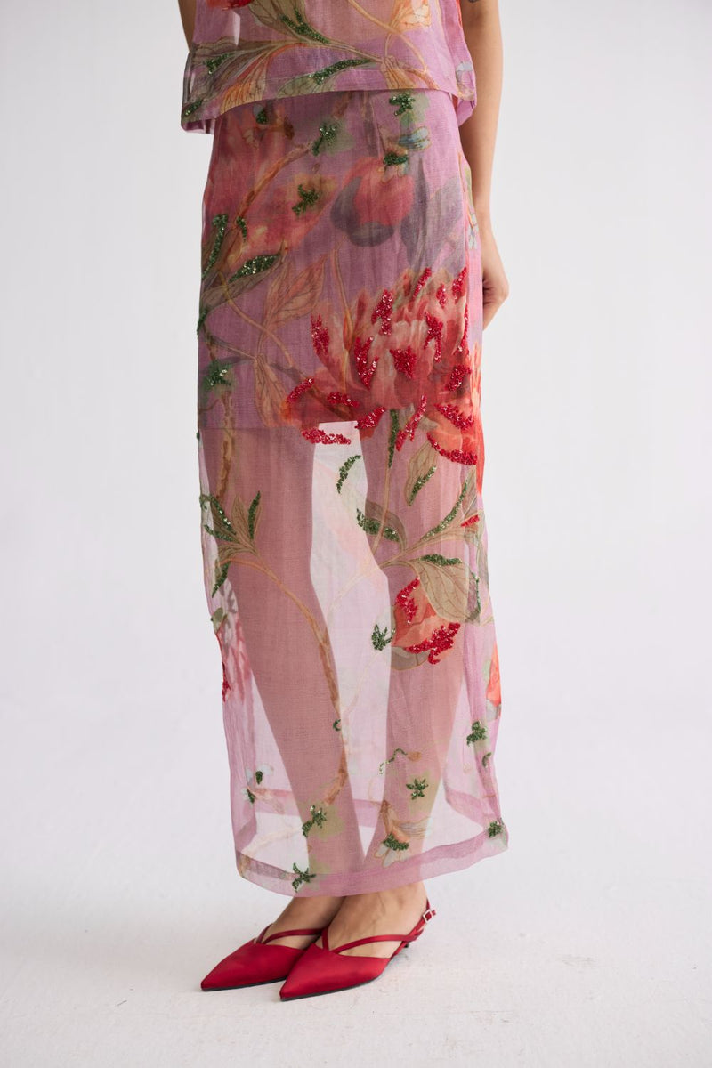 BERRY EMBROIDERED ORGANZA TOP & SKIRT SET organza & cotton ( top ) co-ord set by YAM in purple for women in Singapore