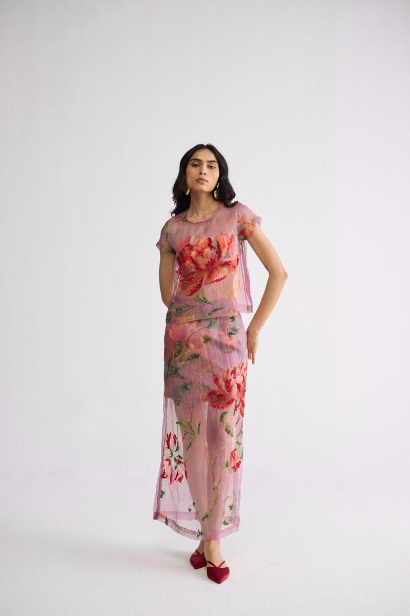 BERRY EMBROIDERED ORGANZA TOP & SKIRT SET organza & cotton ( top ) co-ord set by YAM in purple for women in Singapore