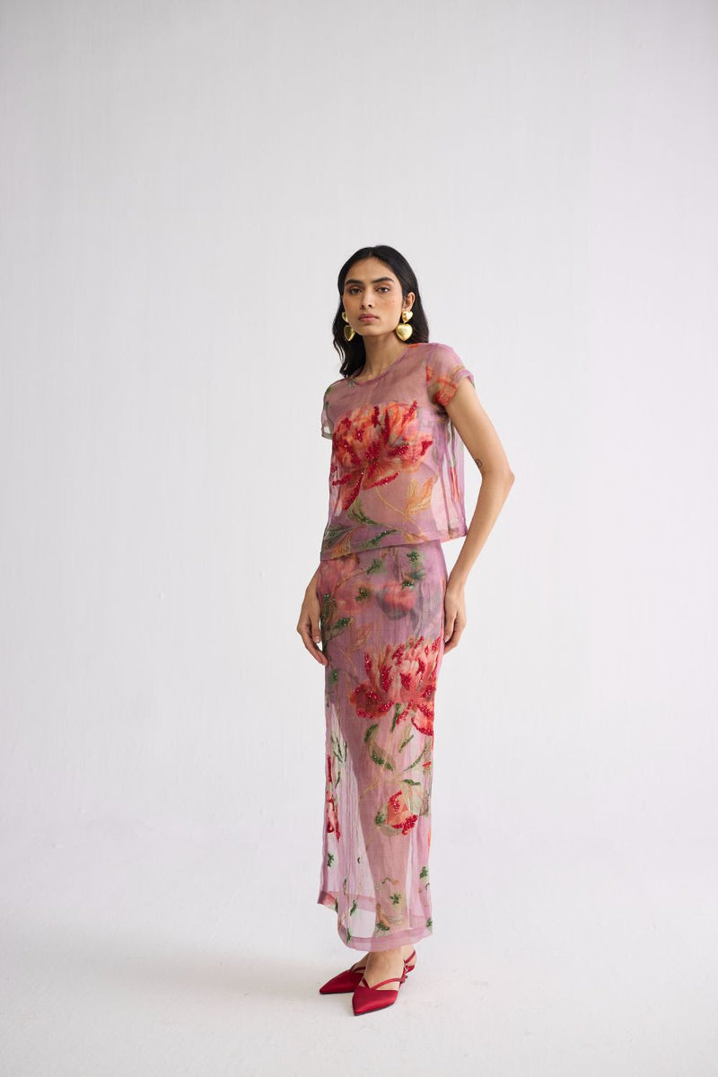 BERRY EMBROIDERED ORGANZA TOP & SKIRT SET organza & cotton ( top ) co-ord set by YAM in purple for women in Singapore