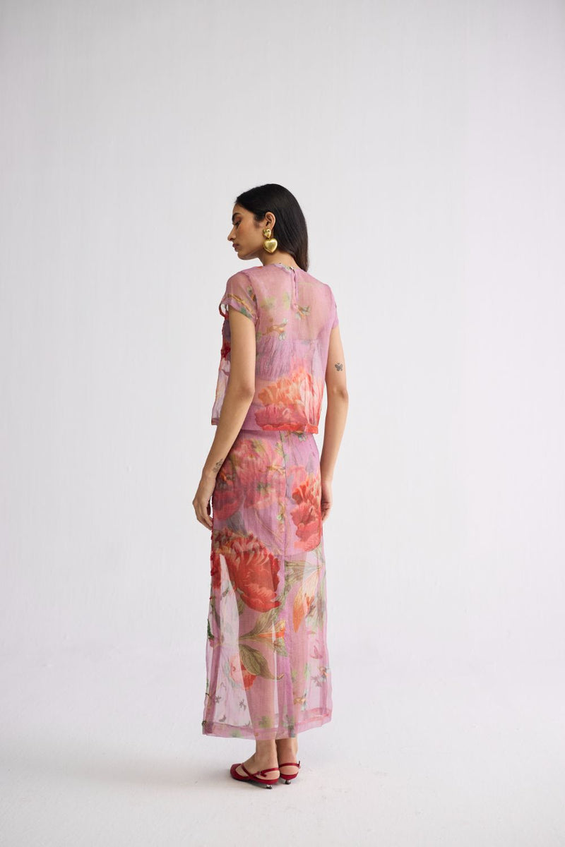 BERRY EMBROIDERED ORGANZA TOP & SKIRT SET organza & cotton ( top ) co-ord set by YAM in purple for women in Singapore