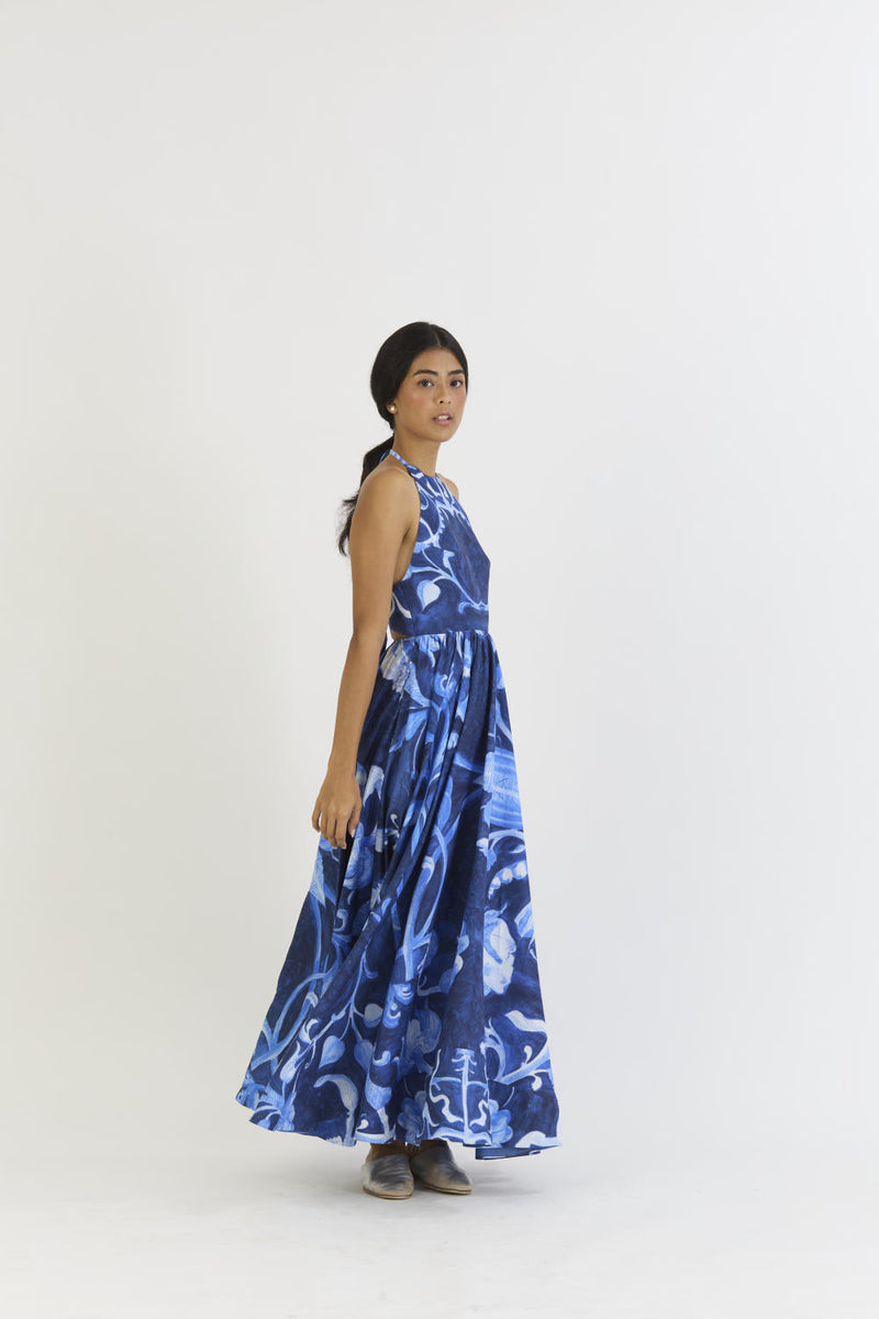 BILBERRY HALTER NECK DRESS satin by Yam in blue color for women in Singapore