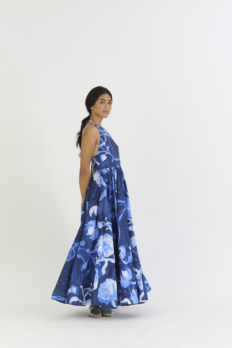 BILBERRY HALTER NECK DRESS satin by Yam in blue color for women in Singapore