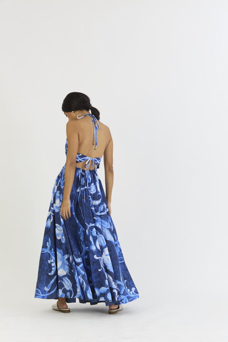 BILBERRY HALTER NECK DRESS satin by Yam in blue color for women in Singapore