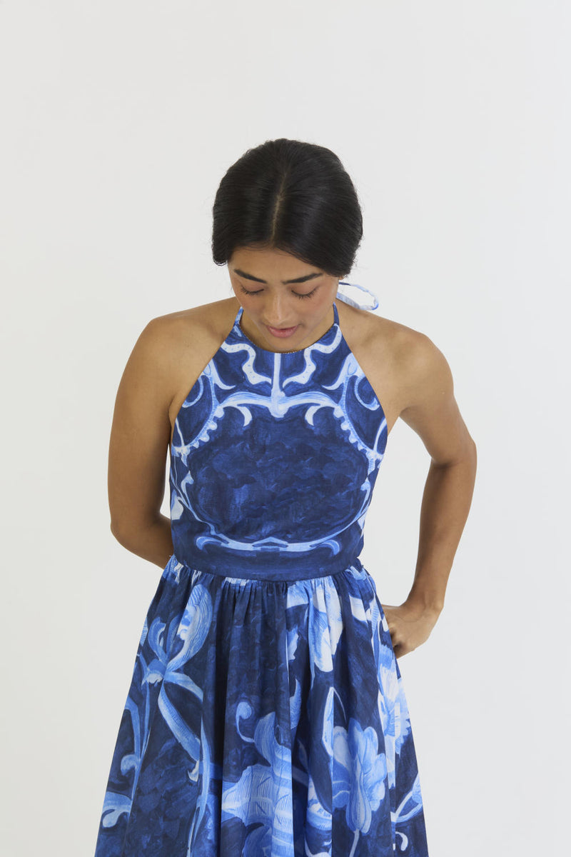 BILBERRY HALTER NECK DRESS satin by Yam in blue color for women in Singapore