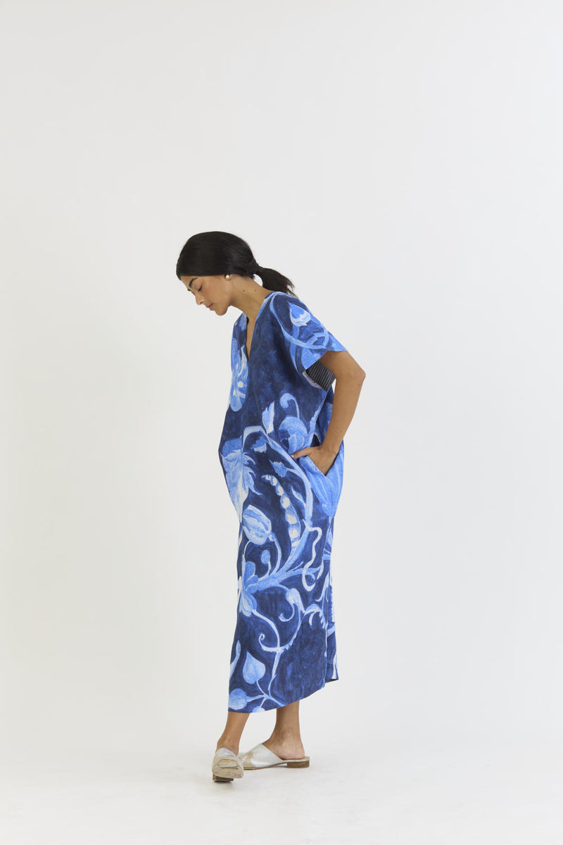 BILBERRY LINEN KAFTAN DRESS linen by Yam in blue color for women in Singapore