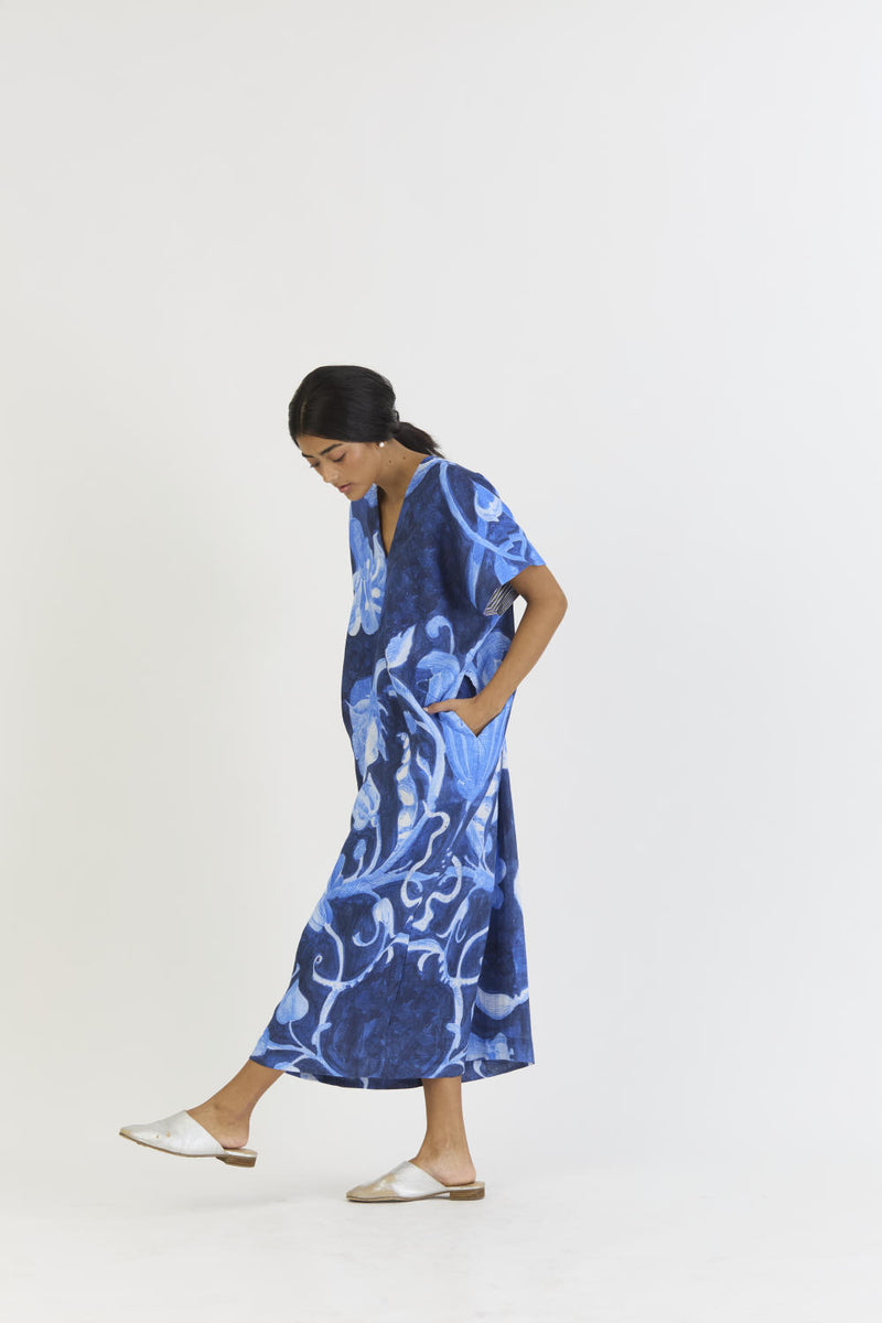 BILBERRY LINEN KAFTAN DRESS linen by Yam in blue color for women in Singapore