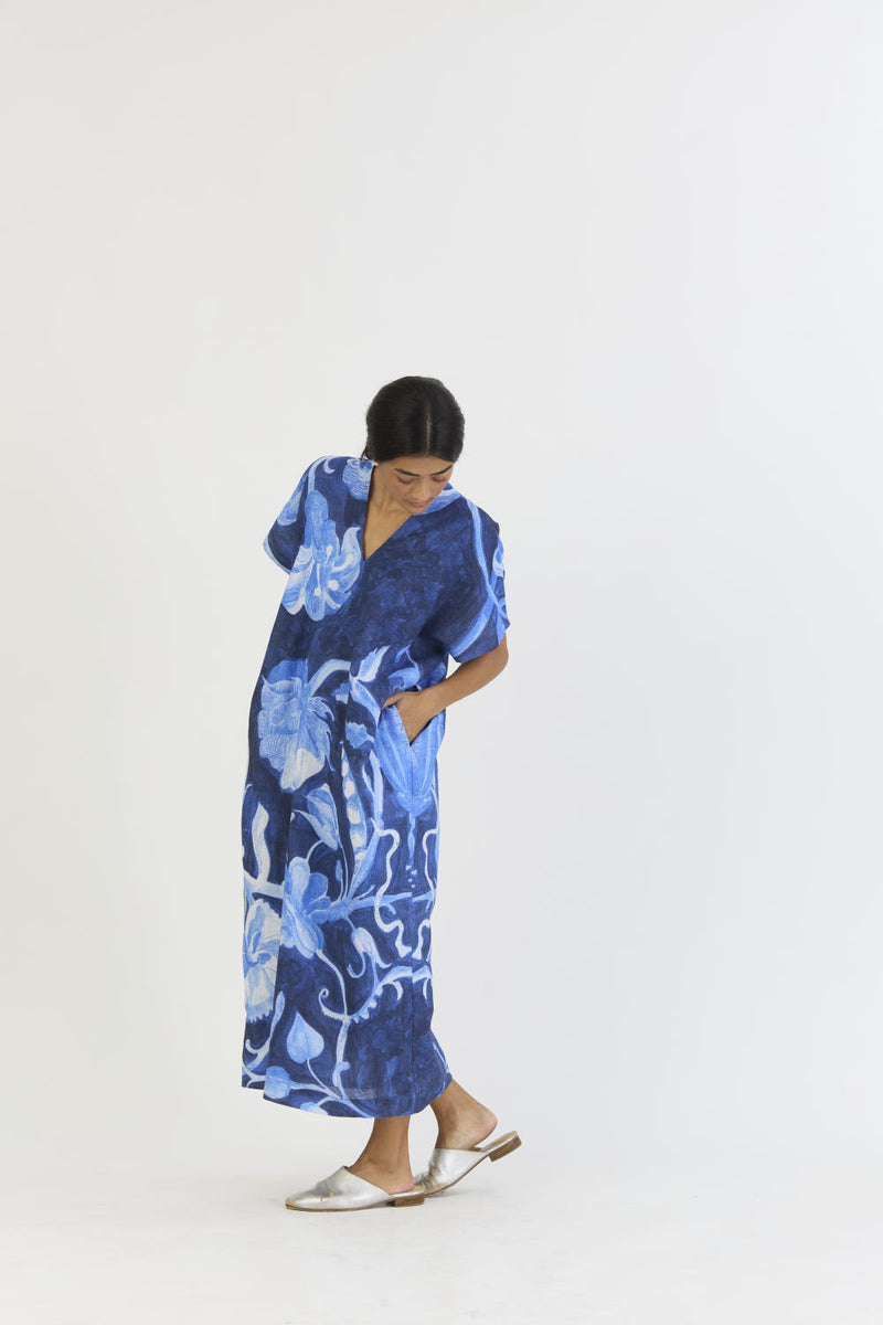 BILBERRY LINEN KAFTAN DRESS linen by Yam in blue color for women in Singapore