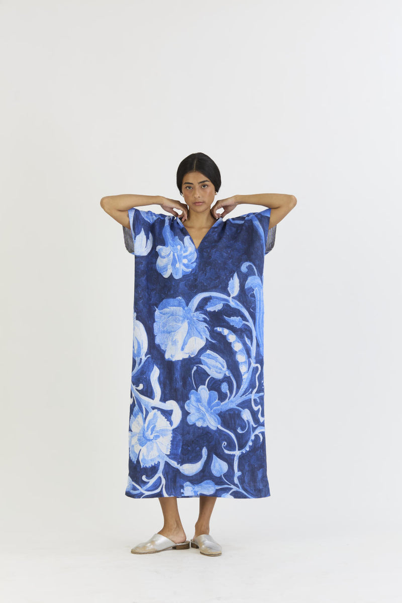 BILBERRY LINEN KAFTAN DRESS linen by Yam in blue color for women in Singapore