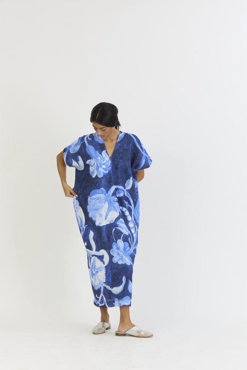 BILBERRY LINEN KAFTAN DRESS linen by Yam in blue color for women in Singapore