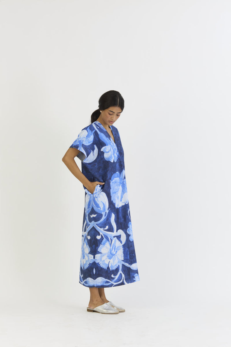 BILBERRY LINEN KAFTAN DRESS linen by Yam in blue color for women in Singapore