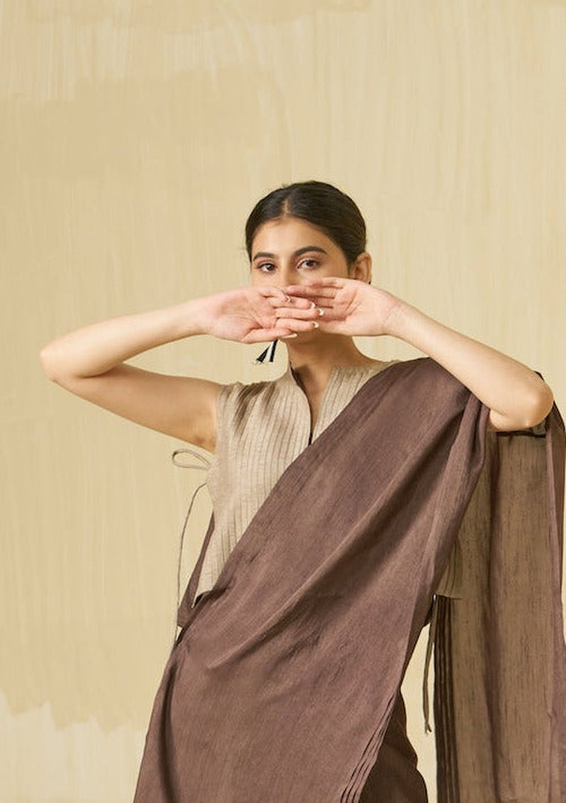 Bluebird Top-Taupe mysore silk top/shirt by Stoique in taupe for women in Singapore