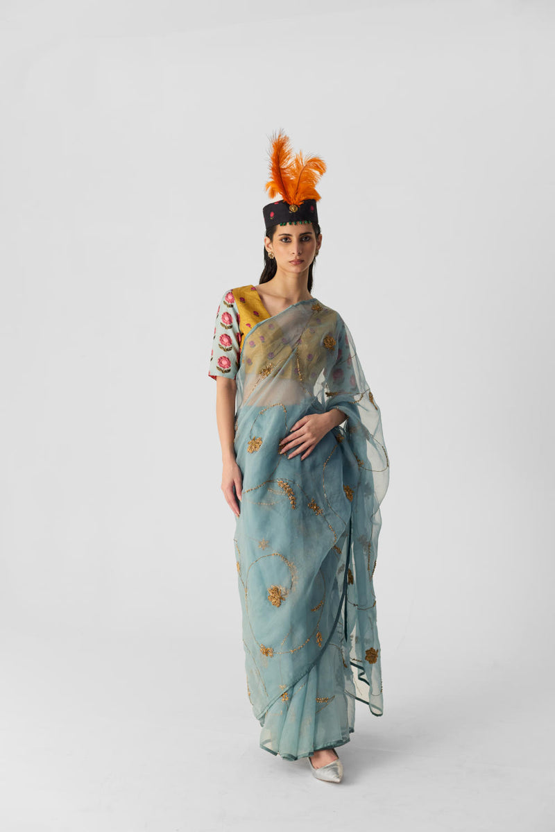 BLUE EMBROIDERED SAREE organza by Yam in blue color for women in Singapore