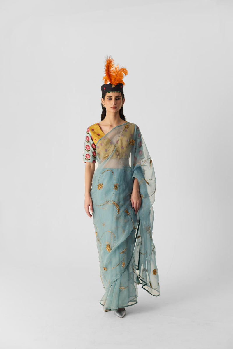 BLUE EMBROIDERED SAREE organza by Yam in blue color for women in Singapore