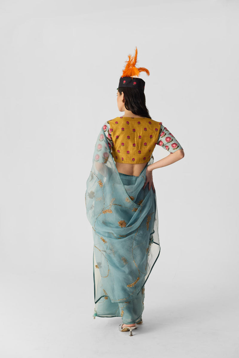 BLUE EMBROIDERED SAREE organza by Yam in blue color for women in Singapore