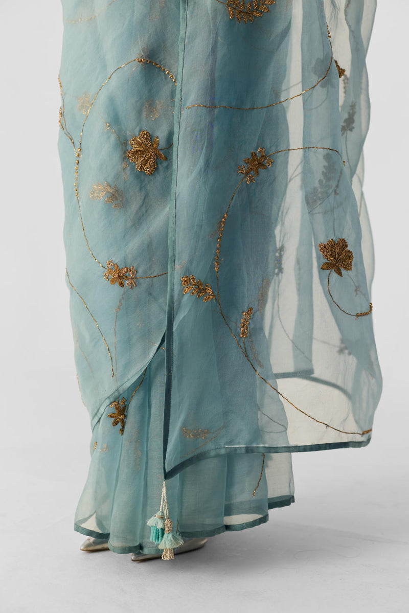 BLUE EMBROIDERED SAREE organza by Yam in blue color for women in Singapore