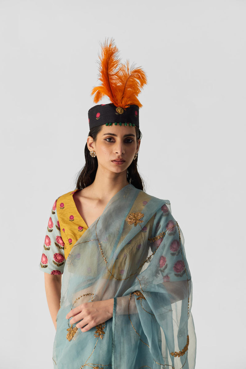 BLUE EMBROIDERED SAREE organza by Yam in blue color for women in Singapore