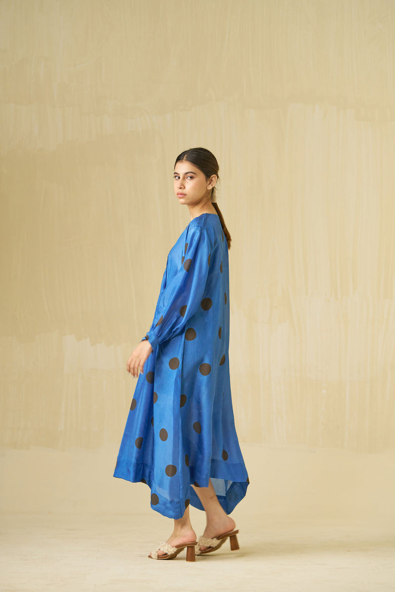 Button Dress-Sweet pea blue + Dark chocolate brown upada silk dress by Stoique in sweet pea blue, dark chocolate brown for women in Singapore