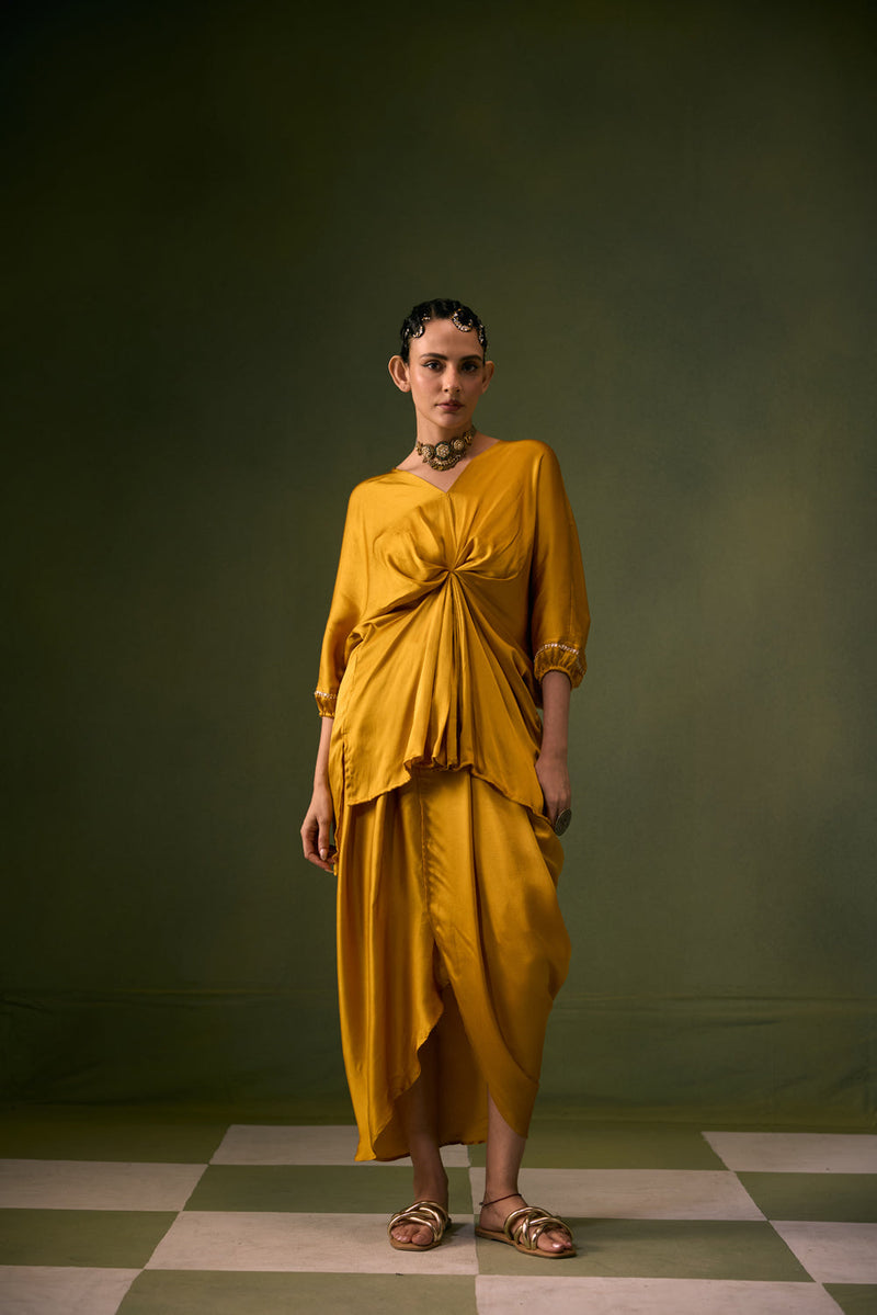 Moro Toga Drape Dress vegan satin, organza satin sarees by PRAHNAAYA in musturd yellow for women in Singapore