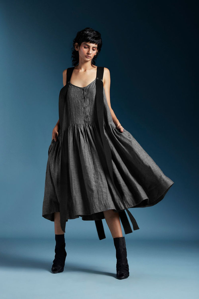 Zane Dress-Charcoal Grey linen by Chola in grey color for women in Singapore