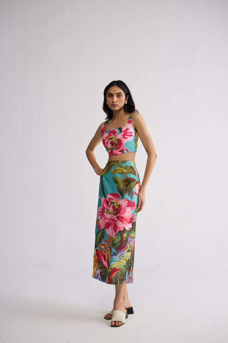 CAMPARI EMBROIDERED TOP AND SKIRT SET cotton silk co-ord set by YAM in multicolor for women in Singapore