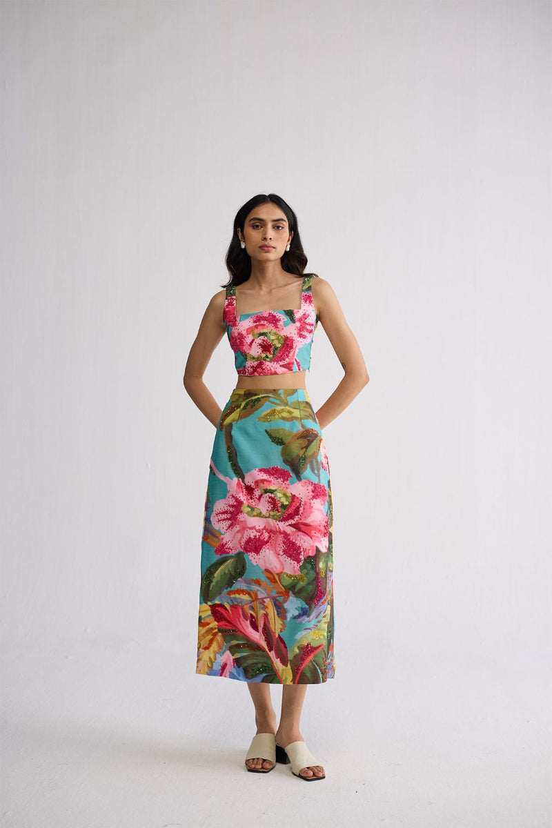 CAMPARI EMBROIDERED TOP AND SKIRT SET cotton silk co-ord set by YAM in multicolor for women in Singapore