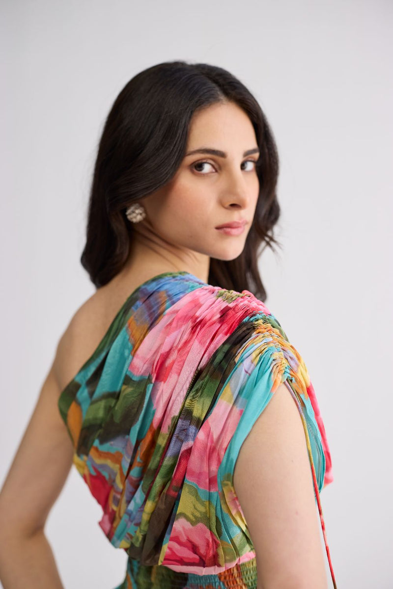 CAMPARI ONE SHOULDER DRESS crepe dress by YAM in multicolor for women in Singapore