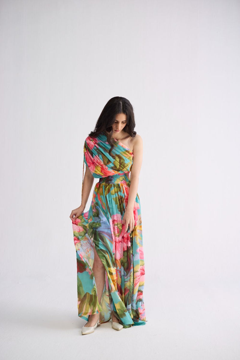 CAMPARI ONE SHOULDER DRESS crepe dress by YAM in multicolor for women in Singapore