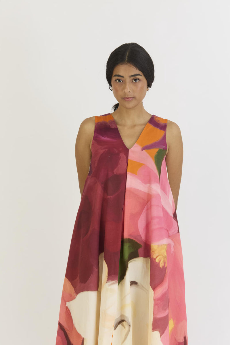 CHERRY V NECKLINE DRESS satin by Yam in multi color for women in Singapore