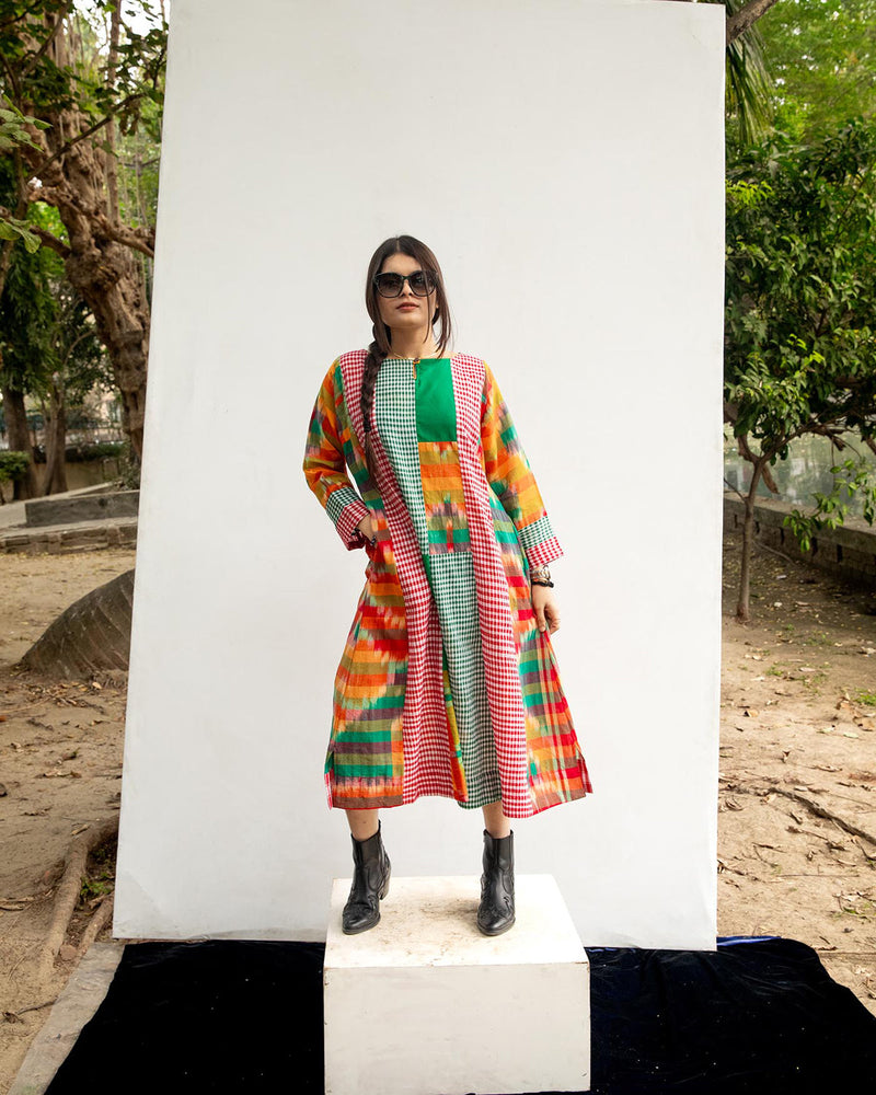 Turbo Elegance Dress gamcha dress by 145 East in green, multicolour for women in Singapore