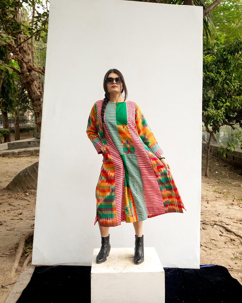 Turbo Elegance Dress gamcha dress by 145 East in green, multicolour for women in Singapore