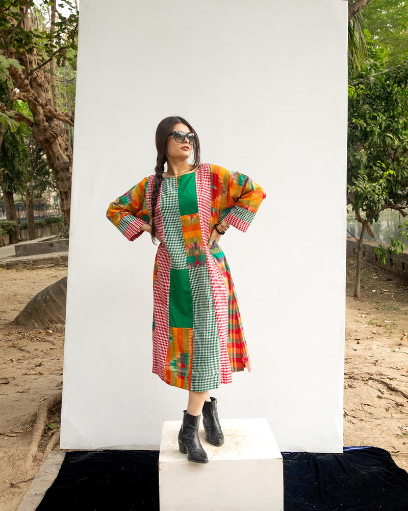 Turbo Elegance Dress gamcha dress by 145 East in green, multicolour for women in Singapore