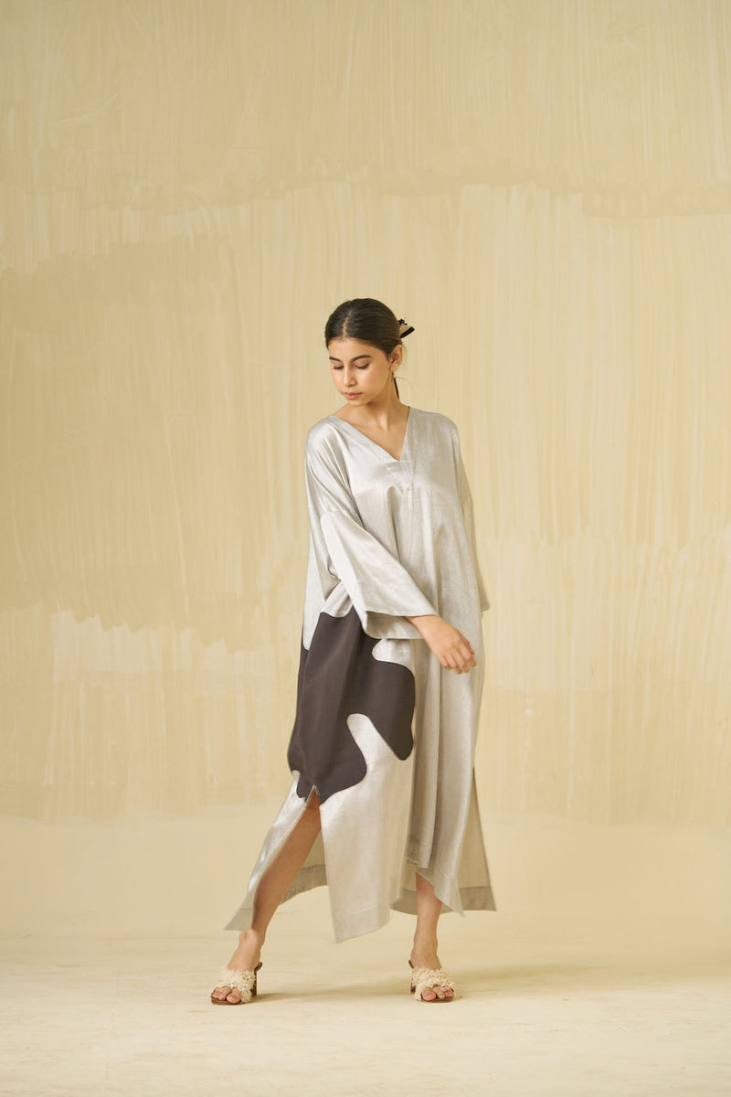 Cosmos Dress-Silver + Dark Chocolate mashru silk dress by Stoique in silver, dark chocolate for women in Singapore