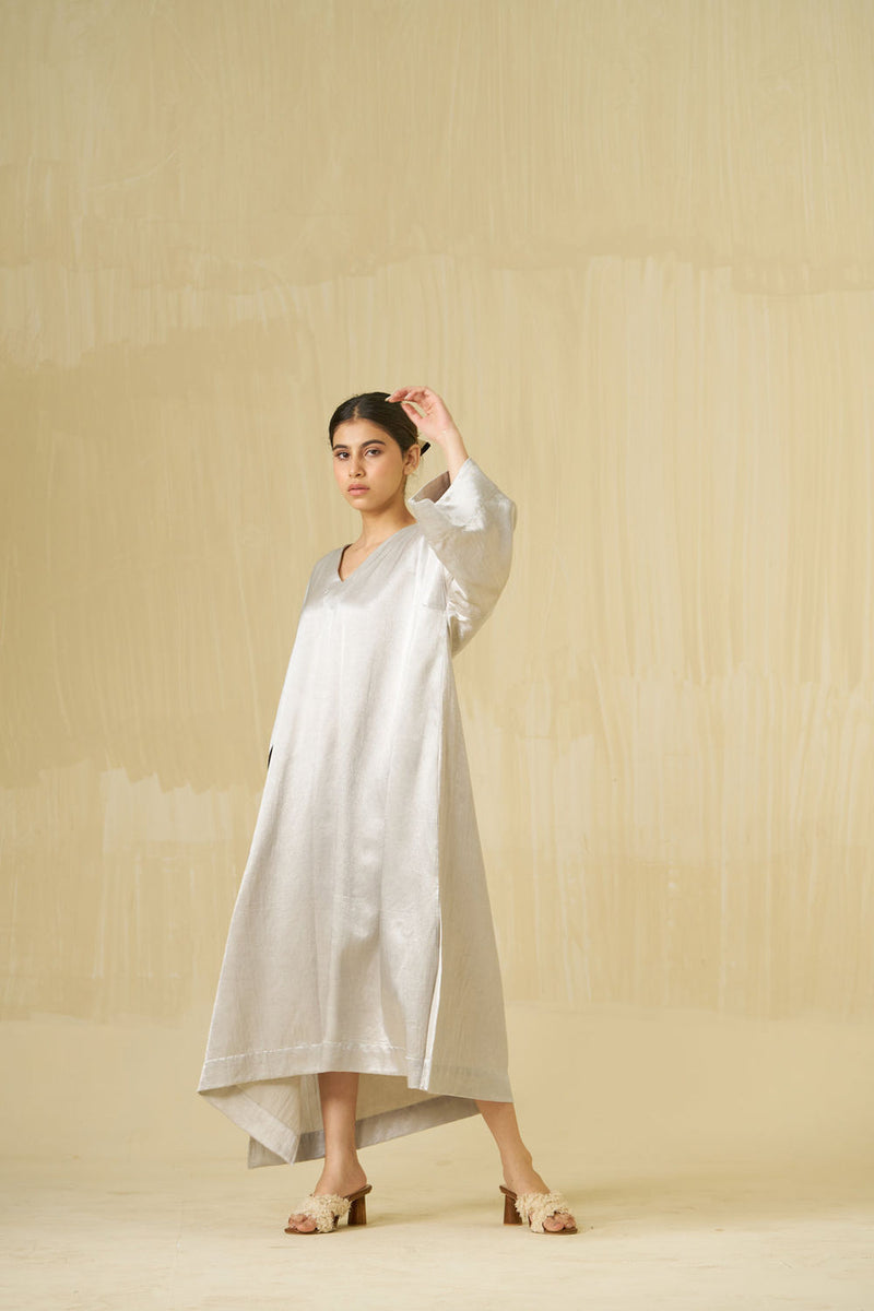 Cosmos Dress-Silver + Dark Chocolate mashru silk dress by Stoique in silver, dark chocolate for women in Singapore