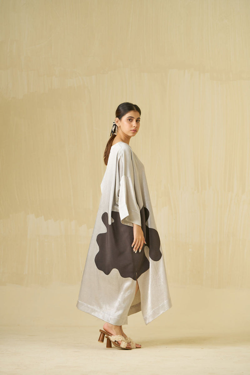 Cosmos Dress-Silver + Dark Chocolate mashru silk dress by Stoique in silver, dark chocolate for women in Singapore