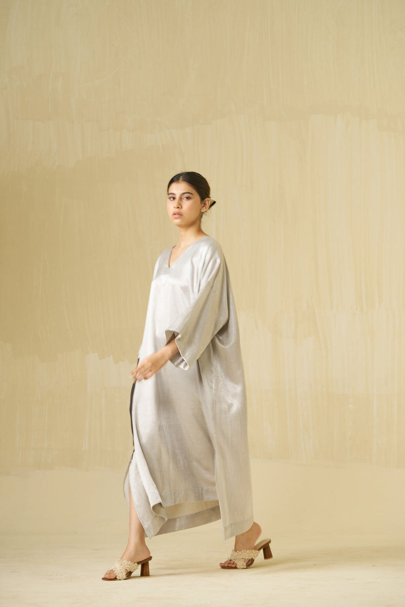 Cosmos Dress-Silver + Dark Chocolate mashru silk dress by Stoique in silver, dark chocolate for women in Singapore