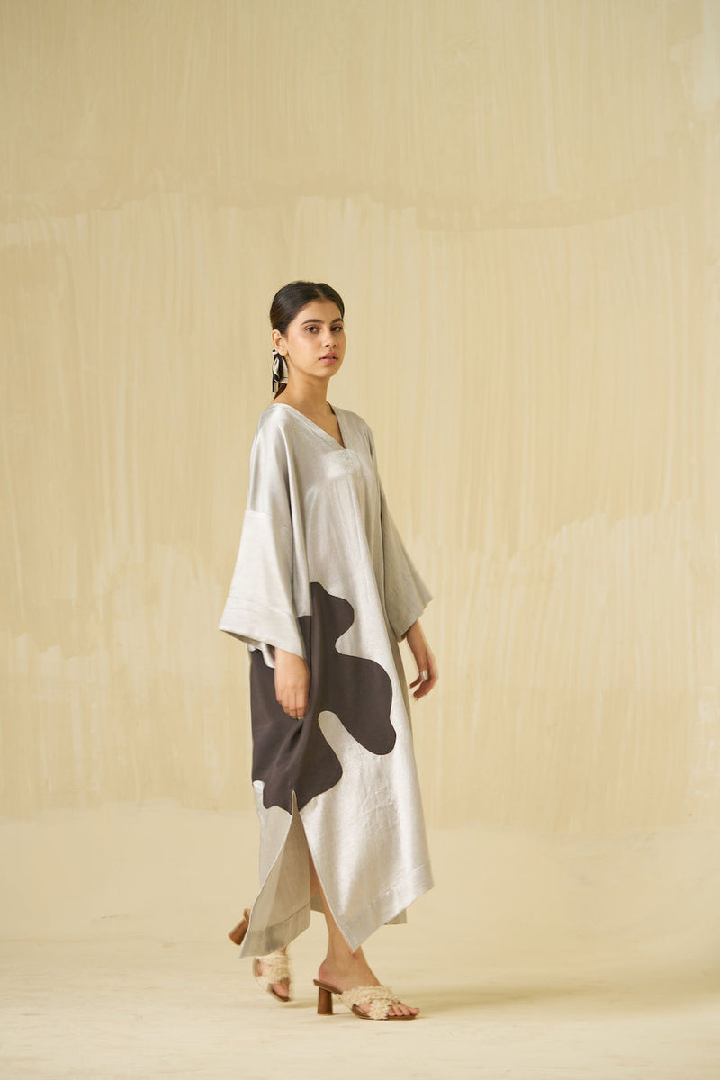 Cosmos Dress-Silver + Dark Chocolate mashru silk dress by Stoique in silver, dark chocolate for women in Singapore