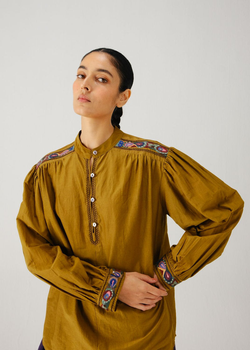 Peasant top-Olive band emb. silk by CORD for women in Singapore