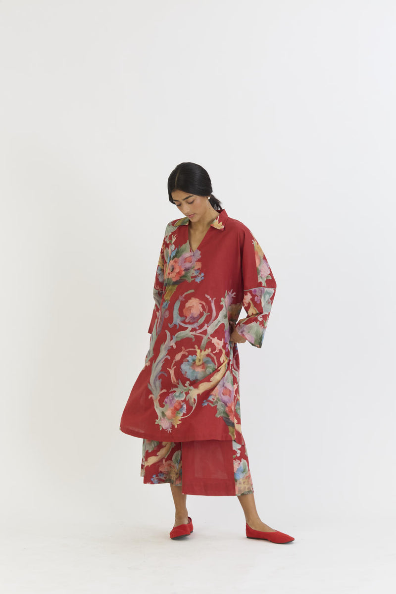 CRANBERRY COTTON KAFTAN SET cotton by Yam in red color for women in Singapore
