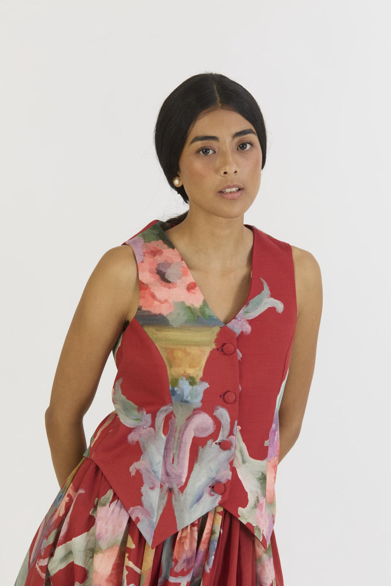 CRANBERRY WAISTCOAT AND SKIRT SET cotton by Yam in red color for women in Singapore