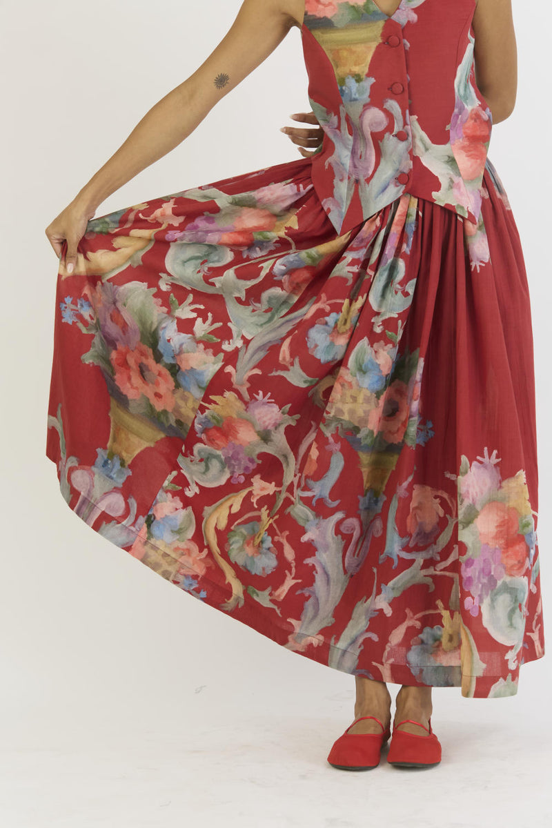 CRANBERRY WAISTCOAT AND SKIRT SET cotton by Yam in red color for women in Singapore