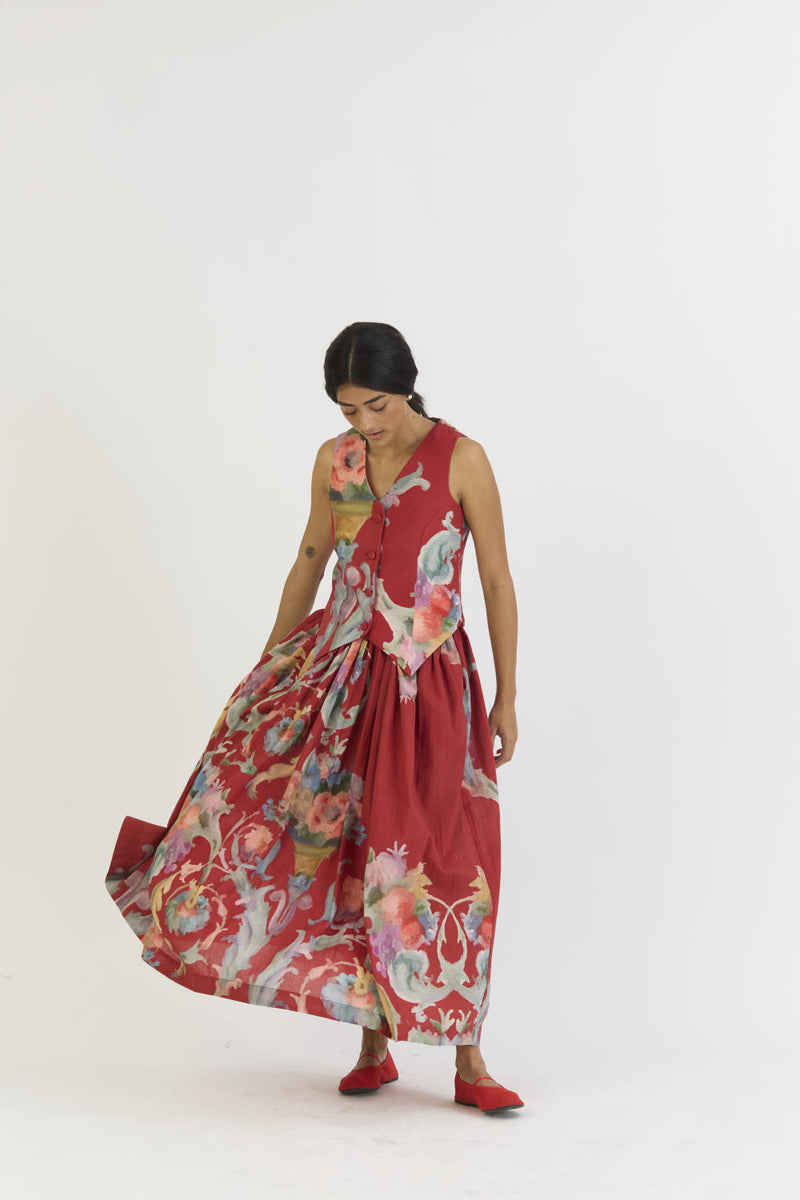 CRANBERRY WAISTCOAT AND SKIRT SET cotton by Yam in red color for women in Singapore