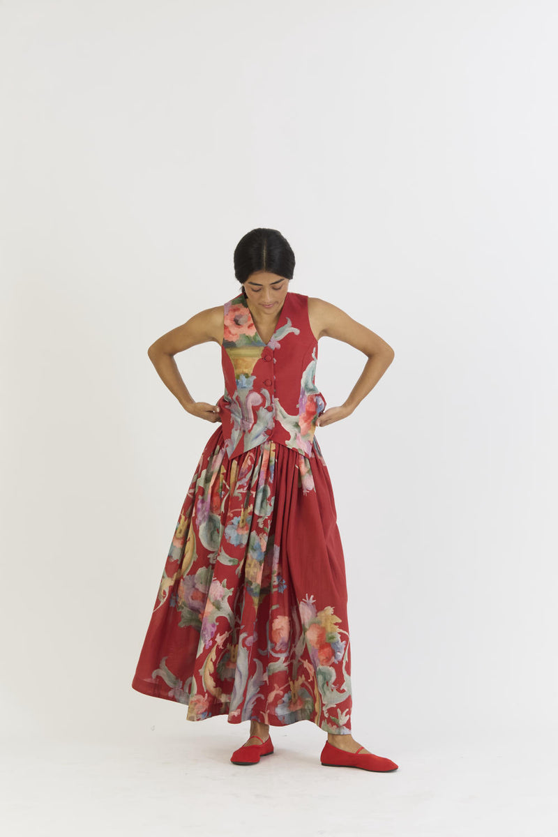CRANBERRY WAISTCOAT AND SKIRT SET cotton by Yam in red color for women in Singapore