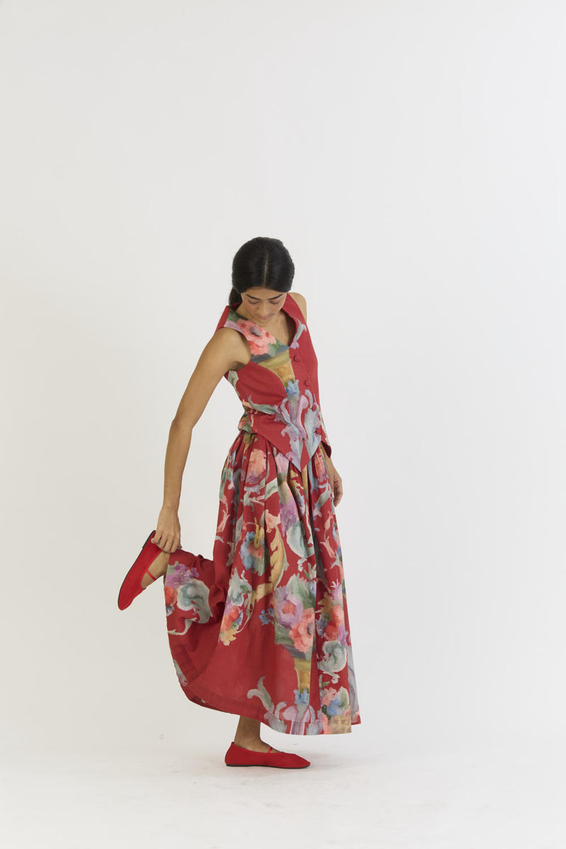 CRANBERRY WAISTCOAT AND SKIRT SET cotton by Yam in red color for women in Singapore
